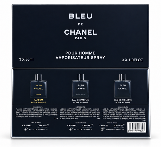 Bleu de Chanel Signature mini fragrance gift set with Parfum, Eau de Parfum and Eau de Toilette, 3 x 30ml