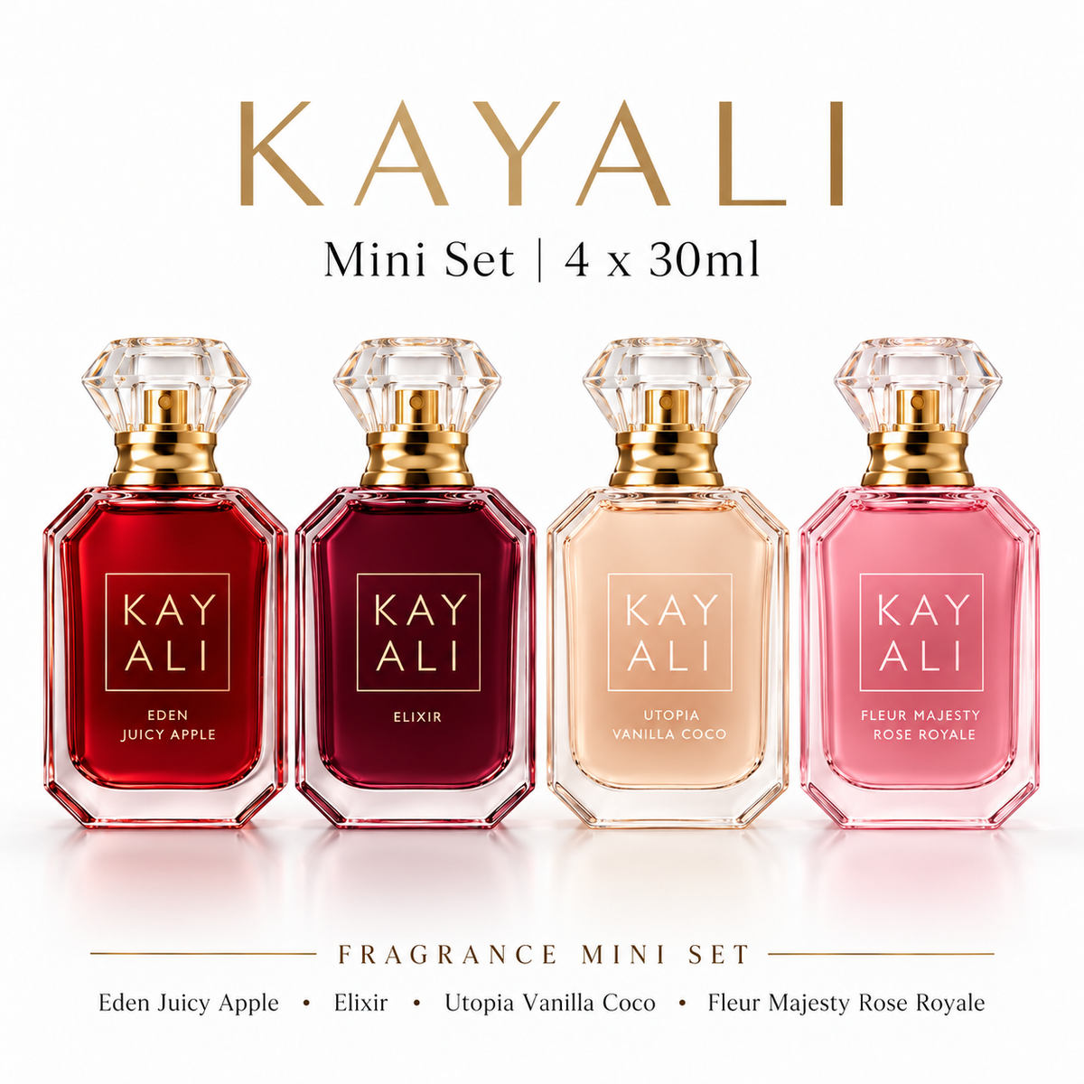 Kayali Eden Juicy Apple Elixir Utopia Vanilla Coco Fleur Majesty Rose Royale Mini Set 4 x 30ml