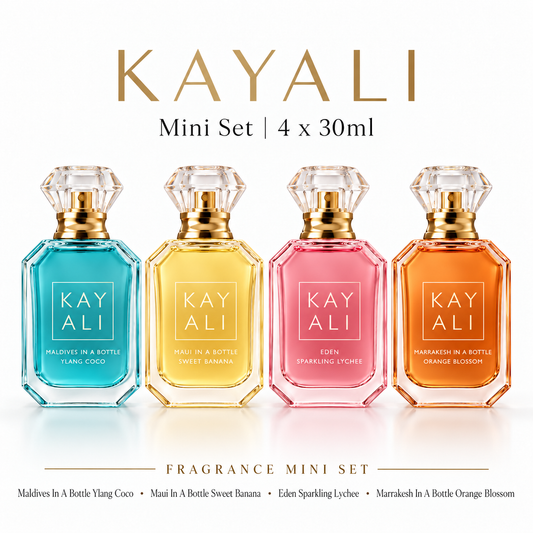 Kayali Maldives Maui Sweet Banana Eden Sparkling Lychee Marrakesh Mini Set 4 x 30ml