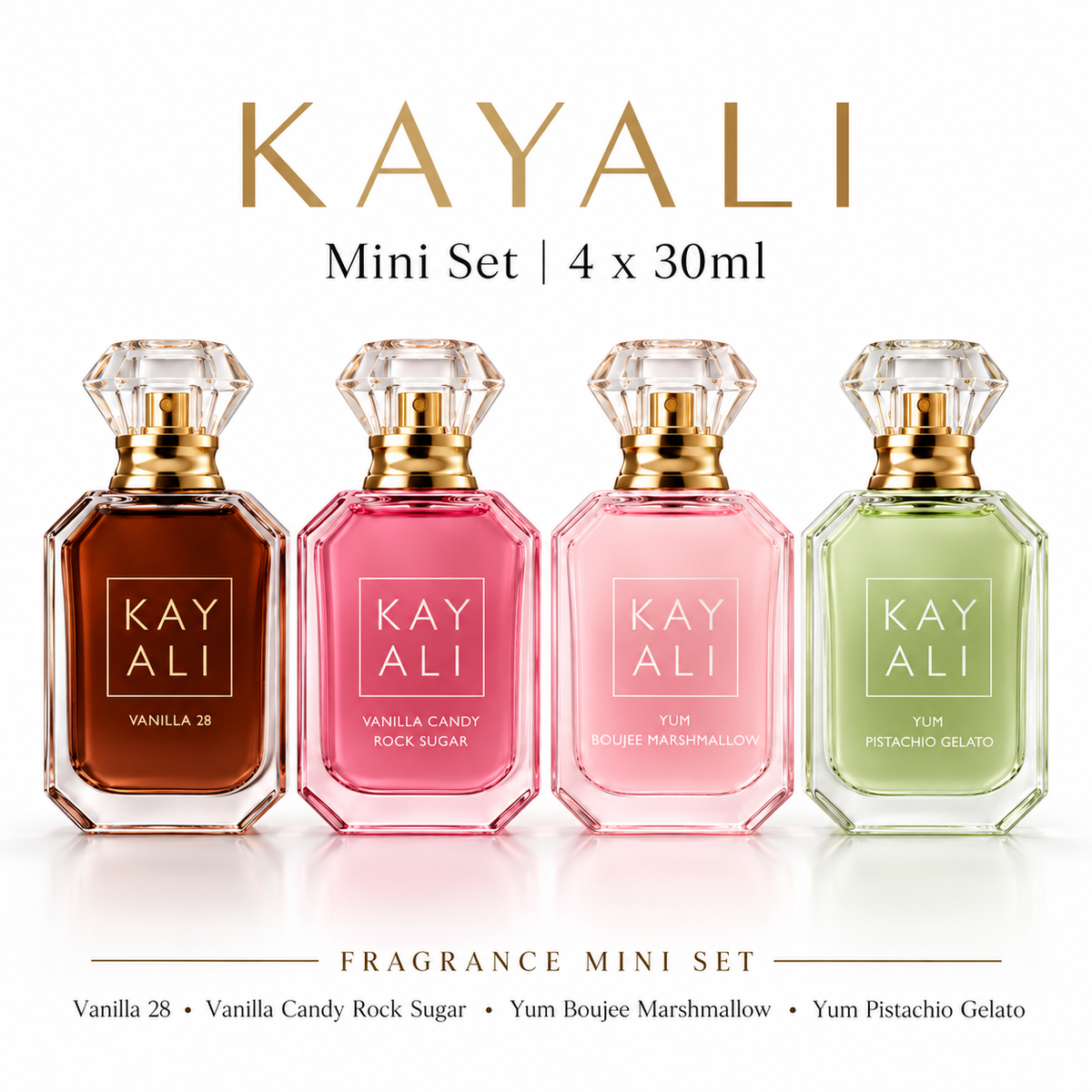 Kayali Vanilla 28 Vanilla Candy Yum Boujee Marshmallow Yum Pistachio Gelato Mini Set 4 x 30ml